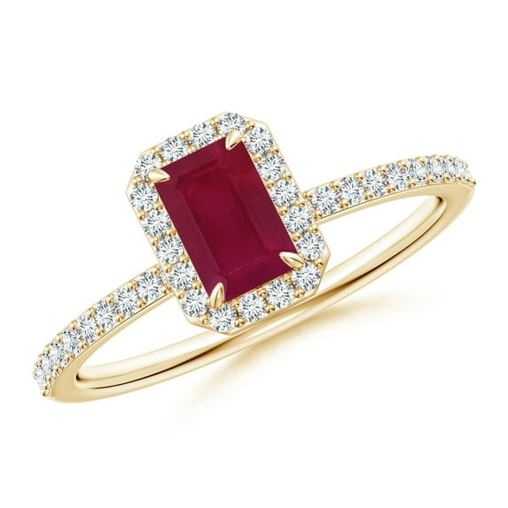 ANGARA Natural Emerald-Cut Ruby Halo Engagement Ring in 14K Yellow Gold for Women (Size-6x4mm) | July Birthstone, Birthday, Anniversary, Jewelry Gift for Women | Natural Ruby Ring