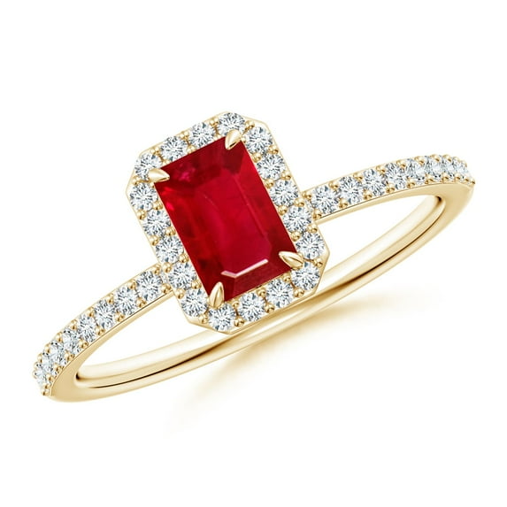 ANGARA Natural Emerald-Cut Ruby Halo Engagement Ring in 14K Yellow Gold for Women (Size-6x4mm) | July Birthstone, Birthday, Anniversary, Jewelry Gift for Women | Natural Ruby Ring