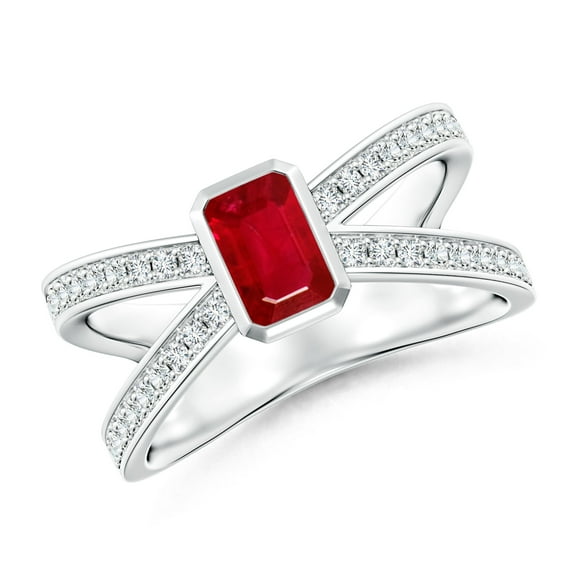 ANGARA Natural Emerald-Cut Ruby Criss Cross Solitaire Engagement Ring in 14K White Gold for Women (Size-6x4mm) | July Birthstone, Birthday, Anniversary, Jewelry Gift for Women | Natural Ruby Ring