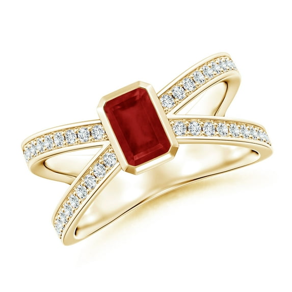 ANGARA Natural Emerald-Cut Ruby Criss Cross Solitaire Engagement Ring in 14K Yellow Gold for Women (Size-6x4mm) | July Birthstone, Birthday, Anniversary, Jewelry Gift for Women | Natural Ruby Ring