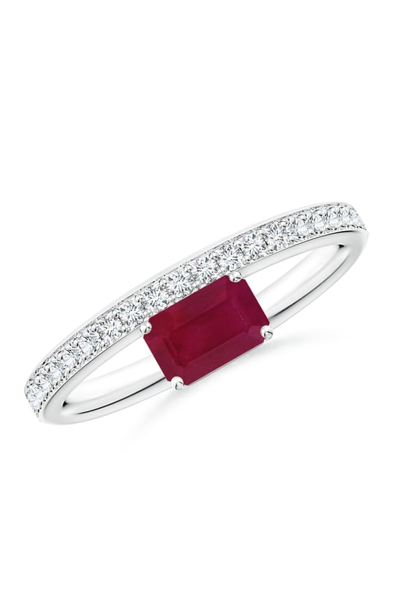 Natural Emerald-Cut Ruby Off-Centered Solitaire Ring With Diamonds in 14K White Gold for Women (Size-6x4mm) | July Birthstone, Birthday, Anniversary, Jewelry Gift for Women | Natural Ruby Ring