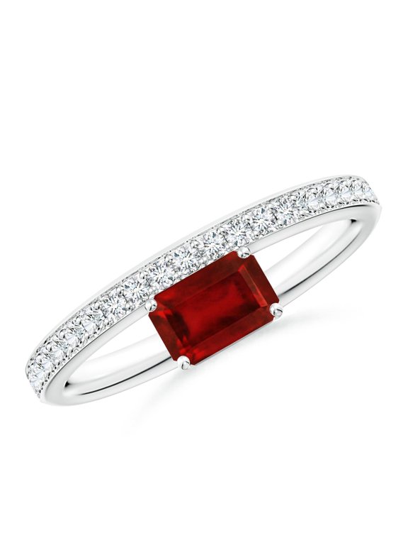 Natural Emerald-Cut Ruby Off-Centered Solitaire Ring With Diamonds in 925 Sterling Silver for Women (Size-6x4mm) | July Birthstone, Anniversary, Jewelry Gift for Women | Natural Ruby Ring