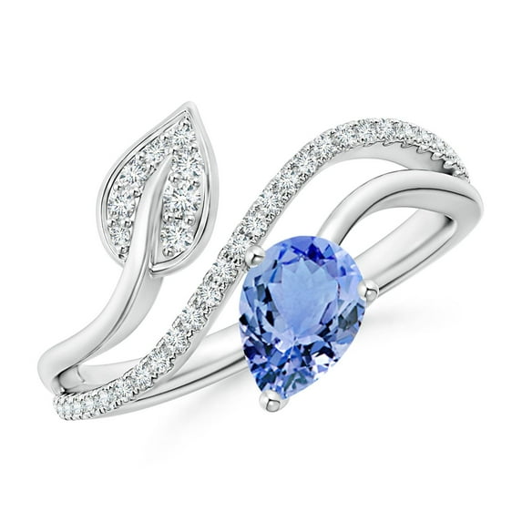 ANGARA Natural Tanzanite and Diamond Bypass Ring with Leaf Motif in 14K White Gold for Women (Size-7x5mm) | December Birthstone, Birthday, Anniversary, Jewelry Gift for Women | Natural Tanzanite Ring