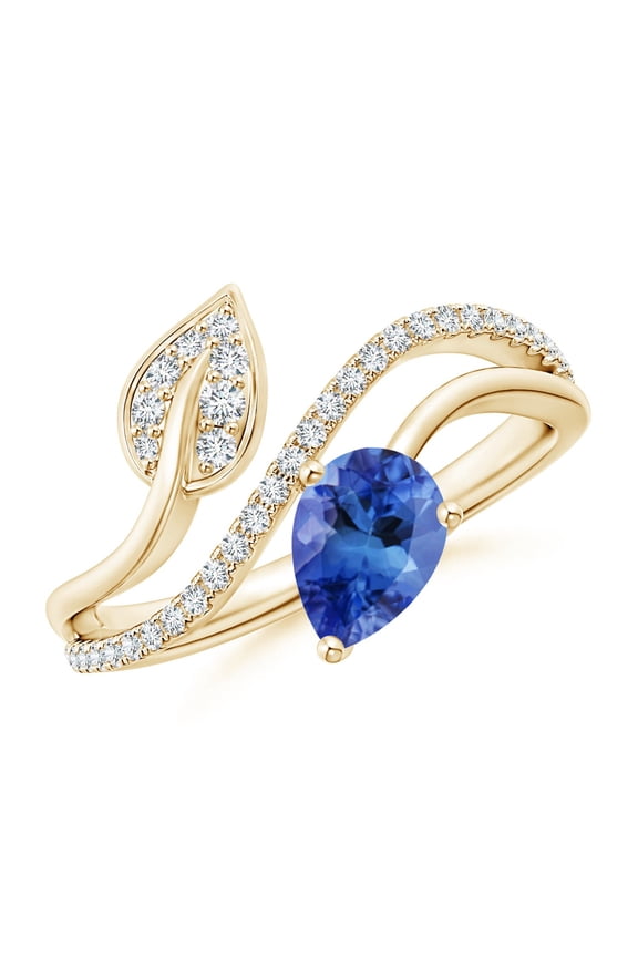 Natural Tanzanite and Diamond Bypass Ring with Leaf Motif in 14K Yellow Gold for Women (Size-7x5mm) | December Birthstone, Anniversary, Jewelry Gift for Women | Natural Tanzanite Ring