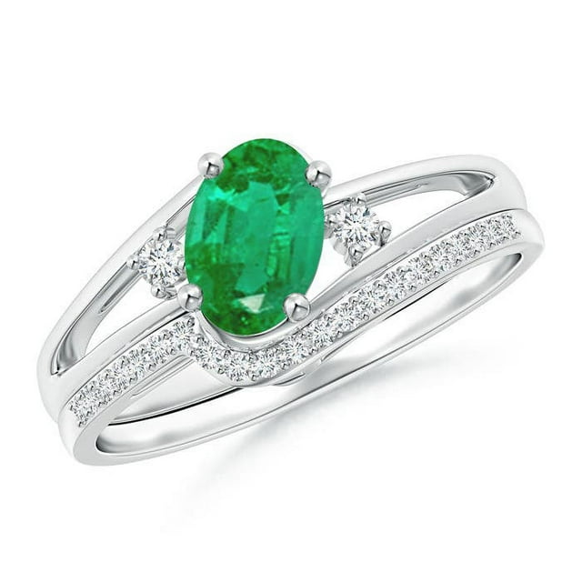 Angara Natural 0.66 Ct. Emerald with Diamond Classic Ring in 14K White ...