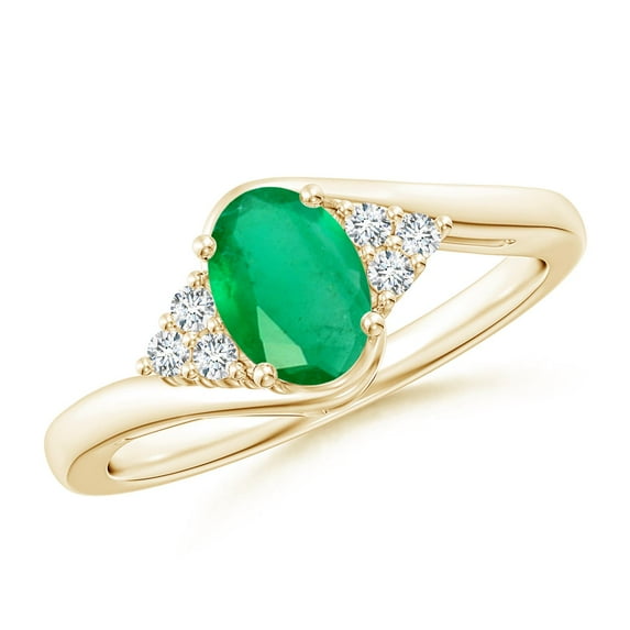 ANGARA Natural Oval Emerald Bypass Ring with Trio Diamond Accents in 14K Yellow Gold for Women (Size-7x5mm) | May Birthstone, Birthday, Anniversary, Jewelry Gift for Women | Natural Emerald Ring