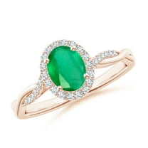 ANGARA Natural Oval Emerald Halo Twisted Vine Ring in 14K Rose Gold for Women (Size-7x5mm) | May Birthstone, Birthday, Anniversary, Jewelry Gift for Women | Natural Emerald Ring