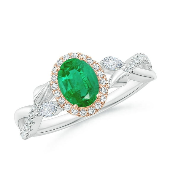 ANGARA Natural Oval Emerald Twisted Vine Ring with Diamond Halo in 14K White & Rose Gold for Women (Size-7x5mm) | May Birthstone, Birthday, Anniversary, Jewelry Gift for Women | Natural Emerald Ring