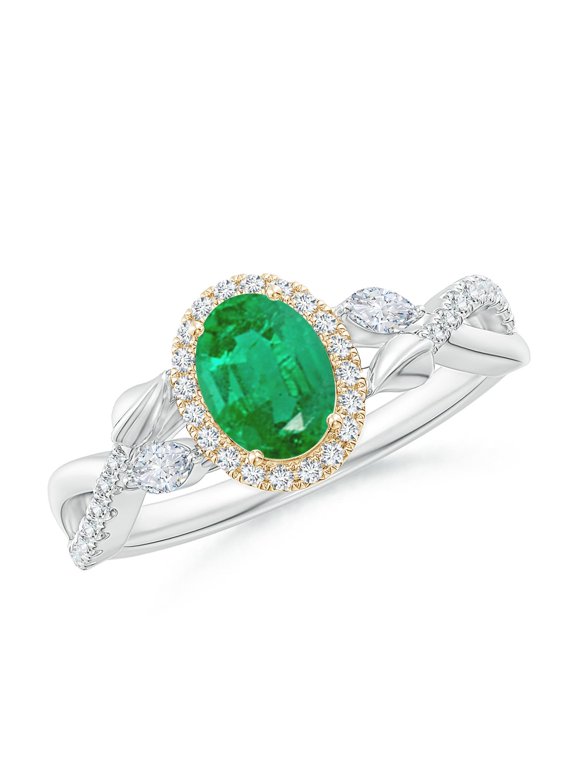 Natural Oval Emerald Twisted Vine Ring with Diamond Halo in 14K White & Yellow Gold for Women (Size-7x5mm) | May Birthstone, Anniversary, Jewelry Gift for Women | Natural Emerald Ring