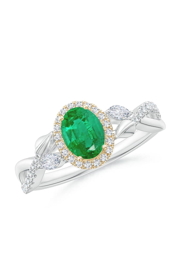 Natural Oval Emerald Twisted Vine Ring with Diamond Halo in 14K White & Yellow Gold for Women (Size-7x5mm) | May Birthstone, Anniversary, Jewelry Gift for Women | Natural Emerald Ring