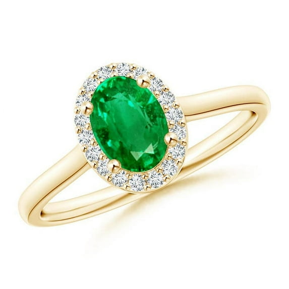 ANGARA Natural Prong-Set Oval Emerald and Diamond Halo Engagement Ring in 14K Yellow Gold for Women (Size-7x5mm) | May Birthstone, Birthday, Anniversary, Jewelry Gift for Women | Natural Emerald Ring