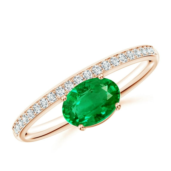 ANGARA Natural Oval Emerald Off-Centered Solitaire Ring With Diamonds in 14K Rose Gold for Women (Size-7x5mm) | May Birthstone, Birthday, Anniversary, Jewelry Gift for Women | Natural Emerald Ring