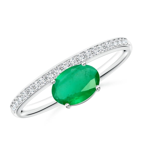 ANGARA Natural Oval Emerald Off-Centered Solitaire Ring With Diamonds in 14K White Gold for Women (Size-7x5mm) | May Birthstone, Birthday, Anniversary, Jewelry Gift for Women | Natural Emerald Ring