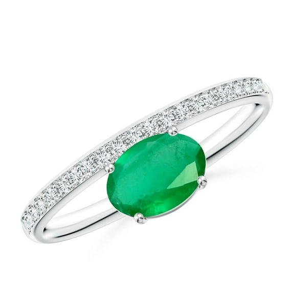 ANGARA Natural Oval Emerald Off-Centered Solitaire Ring With Diamonds in 925 Sterling Silver for Women (Size-7x5mm) | May Birthstone, Anniversary, Jewelry Gift for Women | Natural Emerald Ring