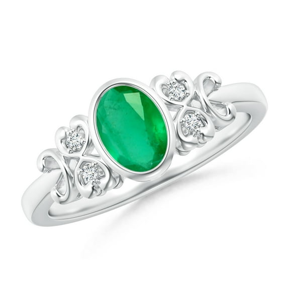 ANGARA Natural Vintage Style Bezel-Set Oval Emerald Ring with Diamonds in 14K White Gold for Women (Size-7x5mm) | May Birthstone, Birthday, Anniversary, Jewelry Gift for Women | Natural Emerald Ring