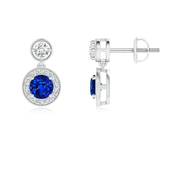 ANGARA Natural Dangling Sapphire & Diamond Earrings with Milgrain in 14K White Gold for Women (Size-4mm) | September Birthstone, Anniversary, Jewelry Gift for Women | Natural Blue Sapphire Earrings
