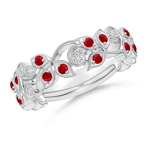 ANGARA Natural Nature Inspired Round Ruby & Diamond Vine Ring in 14K White Gold for Women (Size-1.8mm) | July Birthstone, Birthday, Anniversary, Jewelry Gift for Women | Natural Ruby Ring