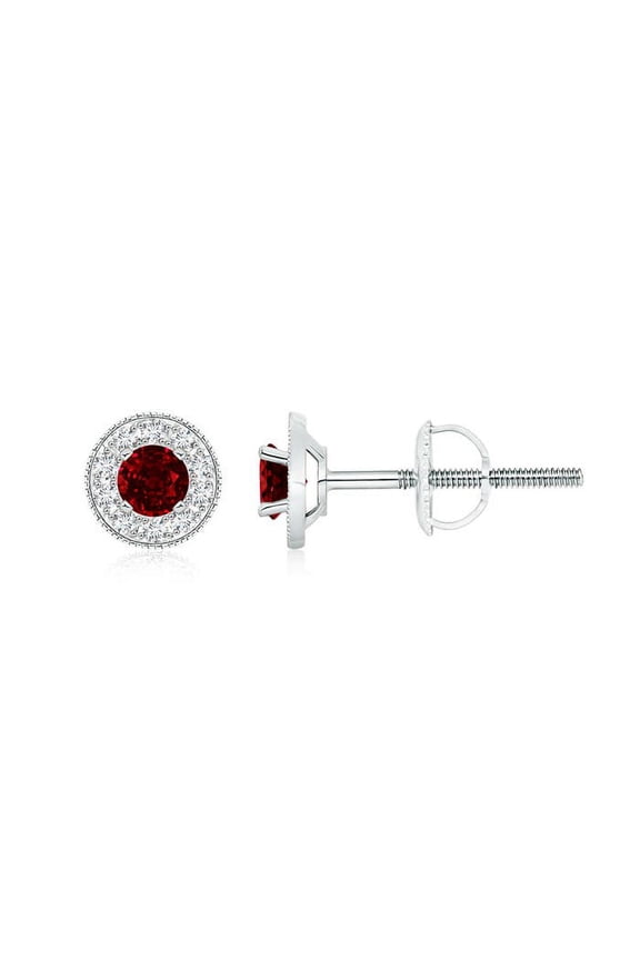 Natural Ruby Margarita Stud Earrings with Diamond Halo in 14K White Gold for Women (Size-4mm) | July Birthstone, Birthday, Anniversary, Jewelry Gift for Women | Natural Ruby Earrings