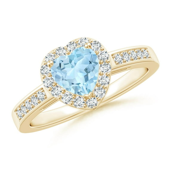ANGARA Natural Heart-Shaped Aquamarine Halo Ring with Diamond Accents in 14K Yellow Gold for Women (Size-6mm) | March Birthstone, Anniversary, Jewelry Gift for Women | Natural Aquamarine Ring