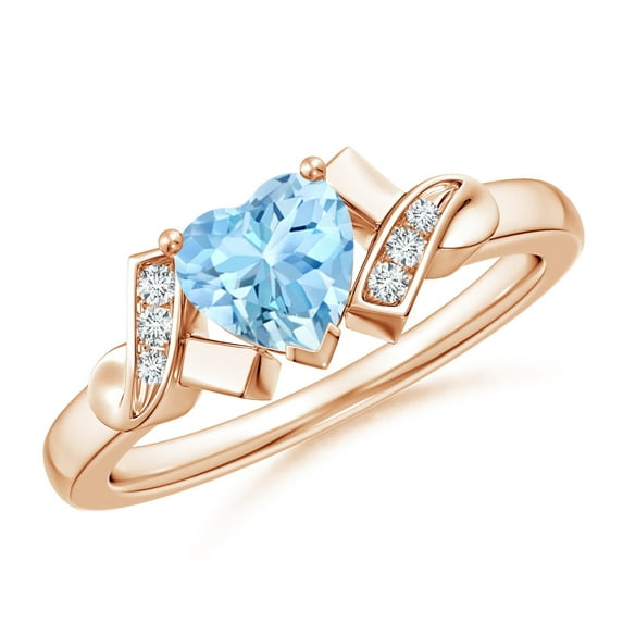 ANGARA Natural Solitaire Aquamarine Heart Ring with Diamond Accents in 14K Rose Gold for Women (Size-6mm) | March Birthstone, Birthday, Anniversary, Jewelry Gift for Women | Natural Aquamarine Ring