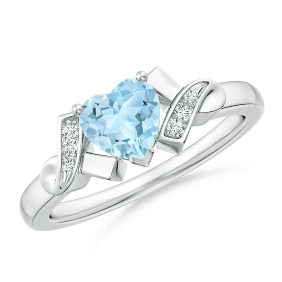 ANGARA Natural Solitaire Aquamarine Heart Ring with Diamond Accents in 14K White Gold for Women (Size-6mm) | March Birthstone, Birthday, Anniversary, Jewelry Gift for Women | Natural Aquamarine Ring