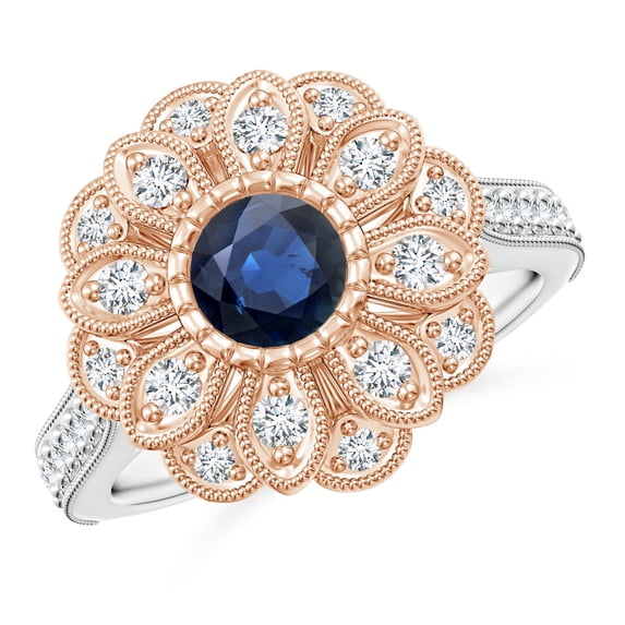 ANGARA Natural Vintage Inspired Sapphire Floral Ring with Milgrain in 14K White & Rose Gold for Women (Size-5.5mm) | September Birthstone, Anniversary, Jewelry Gift for Women | Natural Sapphire Ring