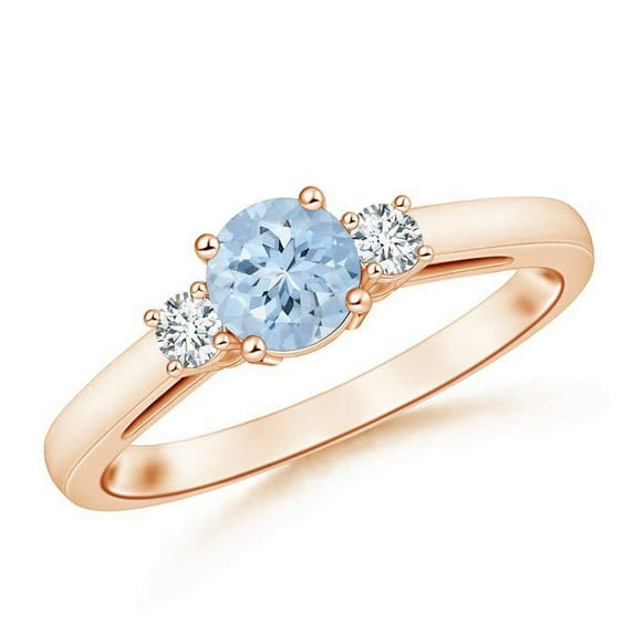 ANGARA Natural Round Aquamarine & Diamond Three Stone Engagement Ring in 14K Rose Gold for Women (Size-6mm) | March Birthstone, Birthday, Anniversary, Jewelry Gift for Women | Natural Aquamarine Ring