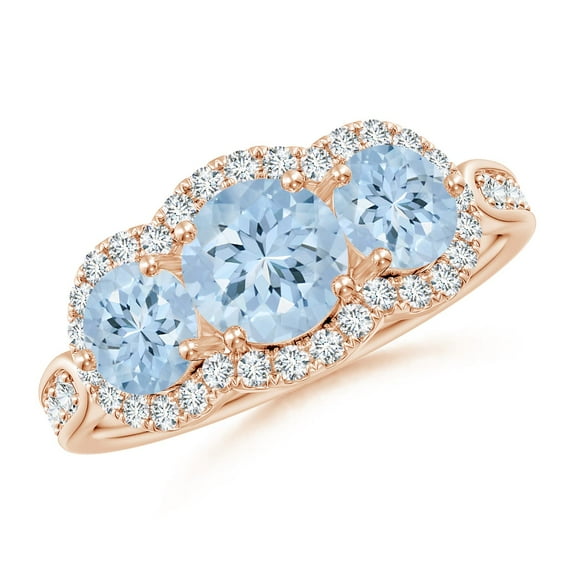 ANGARA Natural Floating Three Stone Aquamarine Ring with Diamond Halo in 14K Rose Gold for Women (Size-6mm) | March Birthstone, Birthday, Anniversary, Jewelry Gift for Women | Natural Aquamarine Ring