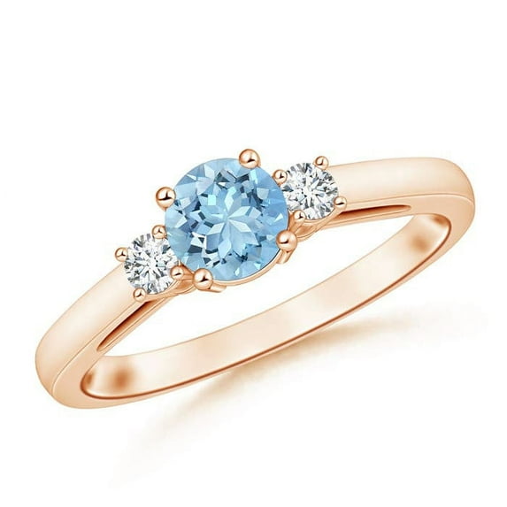ANGARA Natural Round Aquamarine & Diamond Three Stone Engagement Ring in 14K Rose Gold for Women (Size-6mm) | March Birthstone, Birthday, Anniversary, Jewelry Gift for Women | Natural Aquamarine Ring