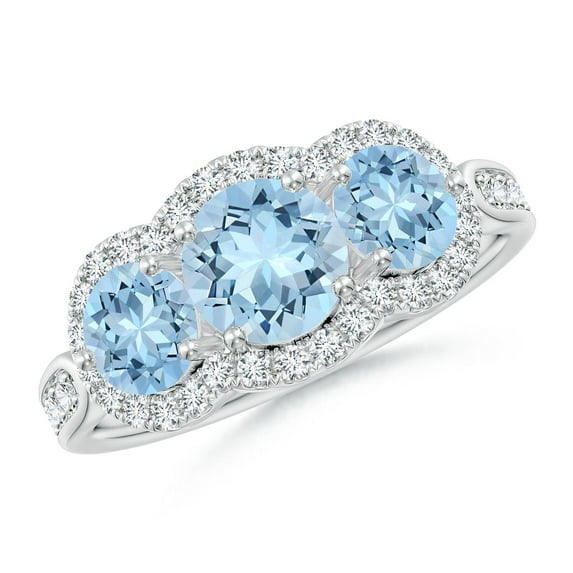 ANGARA Natural Floating Three Stone Aquamarine Ring with Diamond Halo in 14K White Gold for Women (Size-6mm) | March Birthstone, Anniversary, Jewelry Gift for Women | Natural Aquamarine Ring