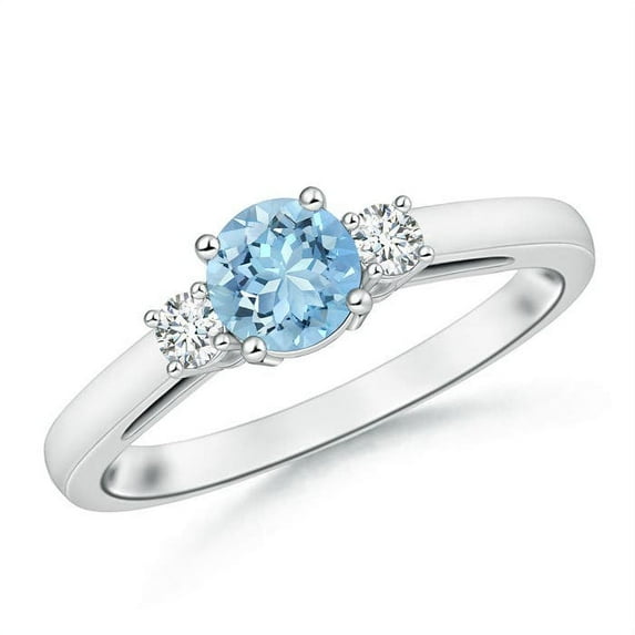 ANGARA Natural Round Aquamarine & Diamond Three Stone Engagement Ring in 14K White Gold for Women (Size-6mm) | March Birthstone, Anniversary, Jewelry Gift for Women | Natural Aquamarine Ring