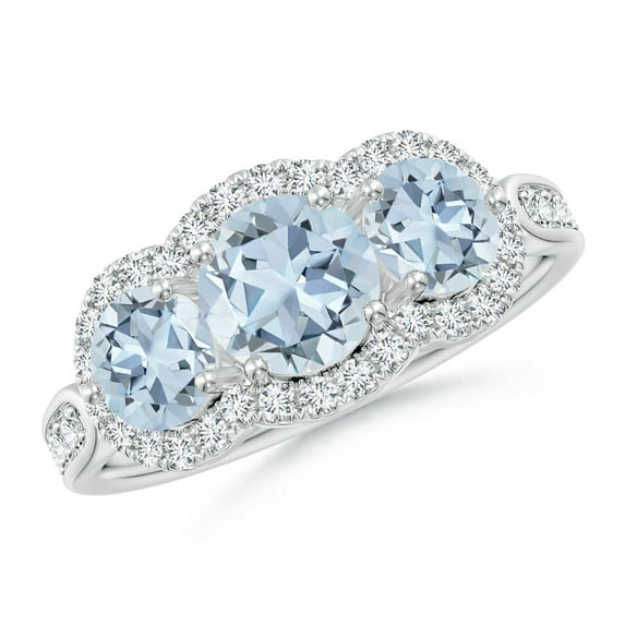 ANGARA Natural Floating Three Stone Aquamarine Ring with Diamond Halo in 14K White Gold for Women (Size-6mm) | March Birthstone, Anniversary, Jewelry Gift for Women | Natural Aquamarine Ring