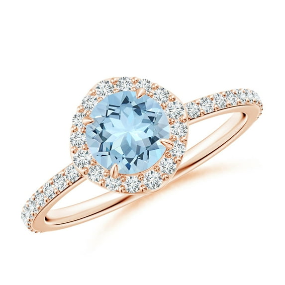 Angara Natural 0.72 Ct. Aquamarine with Diamond Halo Ring in 14K Rose Gold for Women (Ring Size: 11.5)