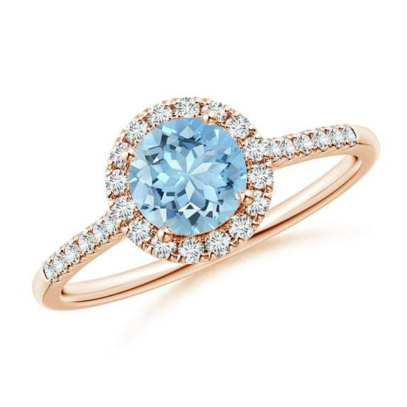 Angara Natural 0.72 Ct. Aquamarine with Diamond Halo Ring in 14K Rose Gold for Women (Ring Size: 8.5)