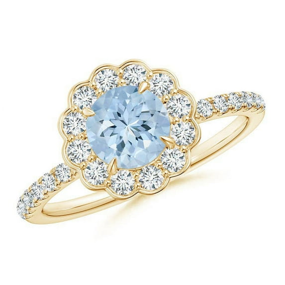 Angara Natural 0.72 Ct. Aquamarine with Diamond Halo Ring in 14K Yellow Gold for Women (Ring Size: 11.5)