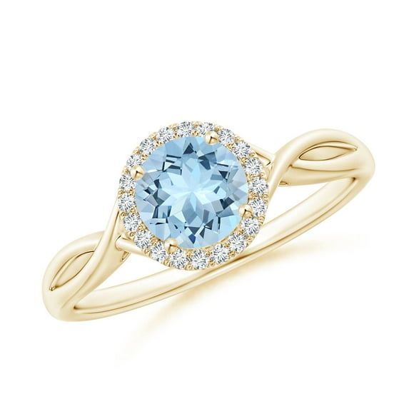 ANGARA Natural Round Aquamarine Halo Ring with Criss Cross Shank in 14K Yellow Gold for Women (Size-6mm) | March Birthstone, Birthday, Anniversary, Jewelry Gift for Women | Natural Aquamarine Ring