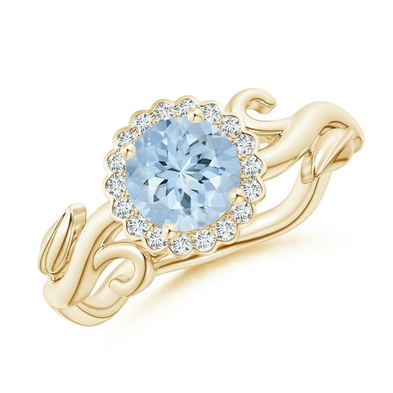 ANGARA Natural Vintage Inspired Aquamarine Flower and Vine Ring in 14K Yellow Gold for Women (Size-6mm) | March Birthstone, Birthday, Anniversary, Jewelry Gift for Women | Natural Aquamarine Ring