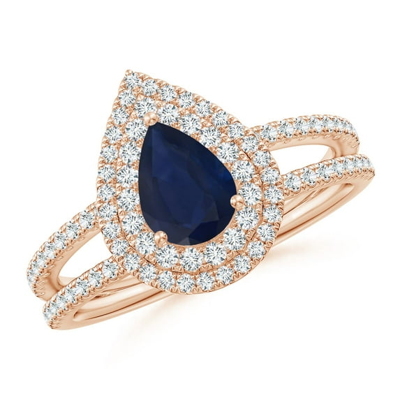 ANGARA Natural Split Shank Pear Sapphire and Diamond Double Halo Ring in 14K Rose Gold for Women (Size-7x5mm) | September Birthstone, Anniversary, Jewelry Gift for Women | Natural Blue Sapphire Ring