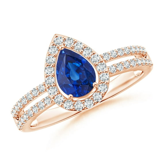 ANGARA Natural Blue Sapphire and Diamond Halo Split Shank Engagement Ring in 14K Rose Gold for Women (Size-7x5mm) | September Birthstone, Anniversary, Jewelry Gift for Women | Natural Sapphire Ring