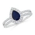 thumbnail image 1 of ANGARA Natural Blue Sapphire and Diamond Halo Split Shank Engagement Ring in 14K White Gold for Women (Size-7x5mm) | September Birthstone, Anniversary, Jewelry Gift for Women | Natural Sapphire Ring, 1 of 10