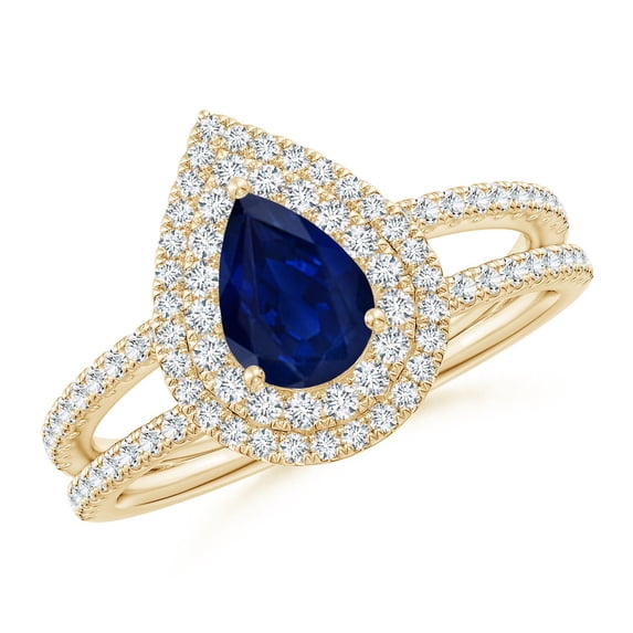 ANGARA Natural Split Shank Pear Sapphire and Diamond Double Halo Ring in 14K Yellow Gold for Women (Size-7x5mm) | September Birthstone, Anniversary, Jewelry Gift for Women | Natural Sapphire Ring