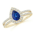 thumbnail image 1 of ANGARA Natural Blue Sapphire and Diamond Halo Split Shank Engagement Ring in 14K Yellow Gold for Women (Size-7x5mm) | September Birthstone, Anniversary, Jewelry Gift for Women | Natural Sapphire Ring, 1 of 9
