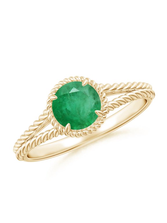 Natural Emerald Twist Rope Split Shank Ring in 14K Yellow Gold for Women (Size-6mm) | May Birthstone, Birthday, Anniversary, Jewelry Gift for Women | Natural Emerald Ring
