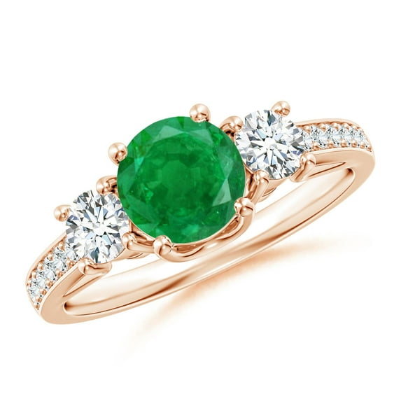 ANGARA Natural Classic Prong Set Round Emerald and Diamond Three Stone Ring in 14K Rose Gold for Women (Size-6mm) | May Birthstone, Anniversary, Jewelry Gift for Women | Natural Emerald Ring