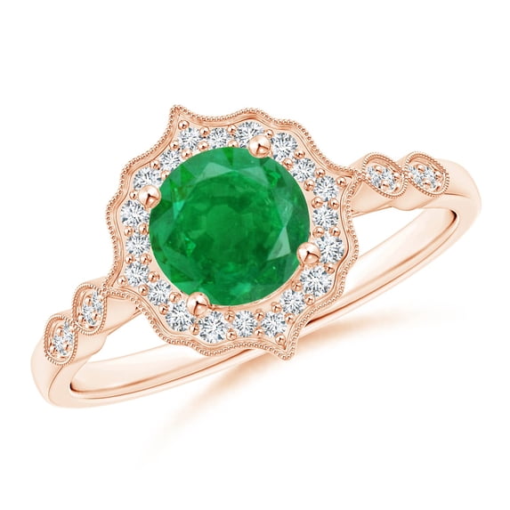 ANGARA Natural Vintage Inspired Round Emerald Ring with Ornate Halo in 14K Rose Gold for Women (Size-6mm) | May Birthstone, Birthday, Anniversary, Jewelry Gift for Women | Natural Emerald Ring