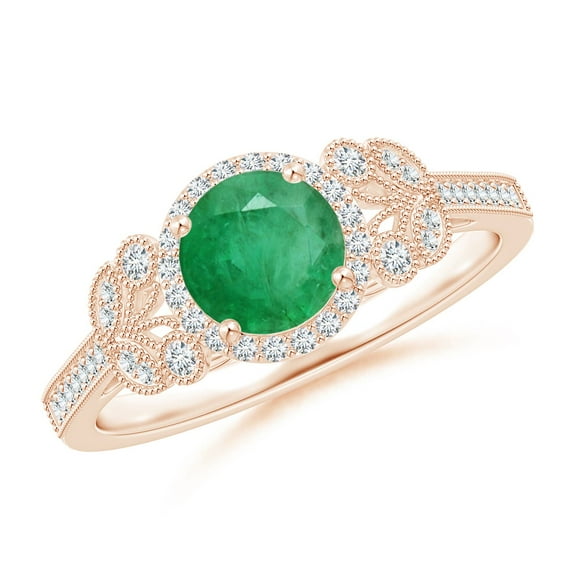 ANGARA Natural Aeon Emerald Halo Leaf & Vine Engagement Ring with Milgrain in 14K Rose Gold for Women (Size-6mm) | May Birthstone, Anniversary, Jewelry Gift for Women | Natural Emerald Ring