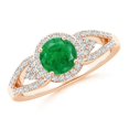 thumbnail image 1 of ANGARA Natural Split Shank Round Emerald Halo Ring with Cluster Diamonds in 14K Rose Gold for Women (Size-6mm) | May Birthstone, Birthday, Anniversary, Jewelry Gift for Women | Natural Emerald Ring, 1 of 7