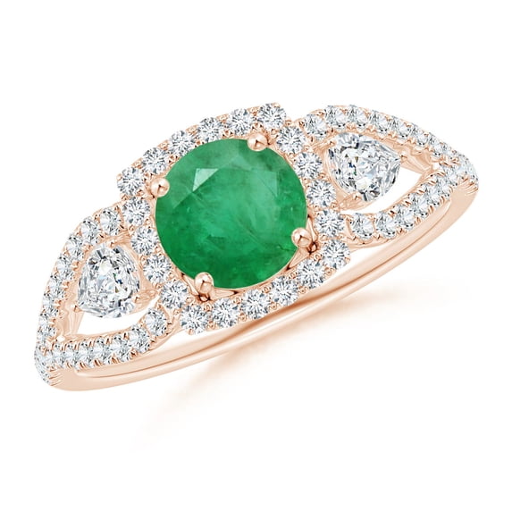 ANGARA Natural Aeon Vintage Inspired 3 Stone Emerald & Diamond Halo Engagement Ring in 14K Rose Gold for Women (Size-6mm) | May Birthstone, Anniversary, Jewelry Gift for Women | Natural Emerald Ring