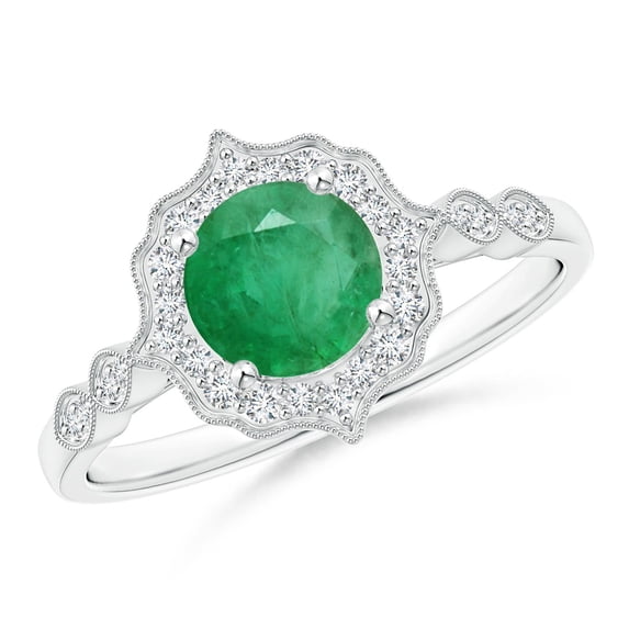 ANGARA Natural Vintage Inspired Round Emerald Ring with Ornate Halo in 14K White Gold for Women (Size-6mm) | May Birthstone, Birthday, Anniversary, Jewelry Gift for Women | Natural Emerald Ring