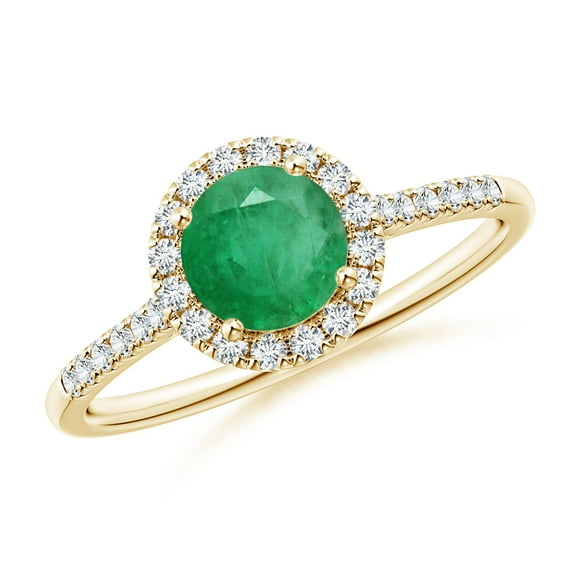 ANGARA Natural Round Emerald Halo Ring with Diamond Accents in 14K Yellow Gold for Women (Size-6mm) | May Birthstone, Birthday, Anniversary, Jewelry Gift for Women | Natural Emerald Ring